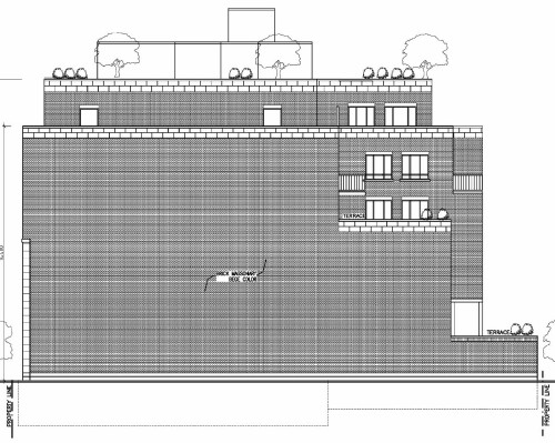 Near-solid walls, with terracing back on floors three, four, and five and a rooftop terrace