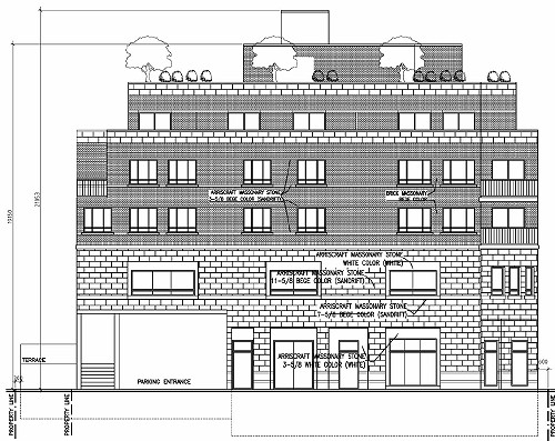 Five-storey building, with twop two storeys terraced back and a parking entrance at ground floor